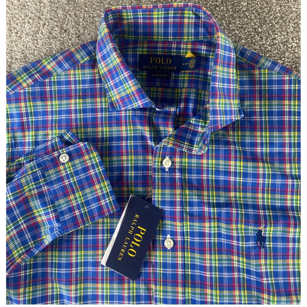 Polo Ralph Lauren Mens M Cotton Stretch Classic Plaid Button Down Shirt Blue NWT